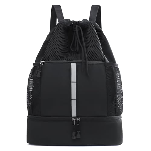 Sports Drawstring Backpack Swim Gym Bag with Wet Proof Pocket and Shoe Compartment for Men Women