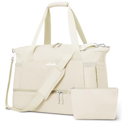Gym Bag for Women, 45L Carry On Travel Duffel Bag with Shoes Compartment, Weekender Overnight Bag with Wet Pocket for Women, Travel, Gym, Weekend, Large Size - color: Beige, size: Large