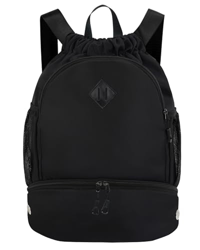 RHDZO Drawstring Backpack with Shoe Compartment and Wet Pocket, Large Black - color: Large Black, size: Large