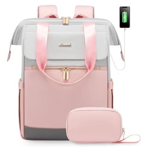 LOVEVOOK Laptop Backpack for Women, 15.6 Inch Work Laptop Bag with USB Port, Fashion Teacher Nurse Backpack Purse, Waterproof Travel Computer Backpack with Organizer Bag, 2PCS, Grey-Pink - color: Grey-pink-888, size: 15.6" - 2pcs