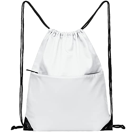 Drawstring Backpack Sports Water Resistant String Bag Sport Gym Sackpack for Women Men Large with Zipper, White - color: White