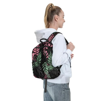Black pink green leaves Travel Backpack for Men & Women 14 inch Laptop Backpack Waterproof Work Back Pack - color: Black Pink Green Leaves
