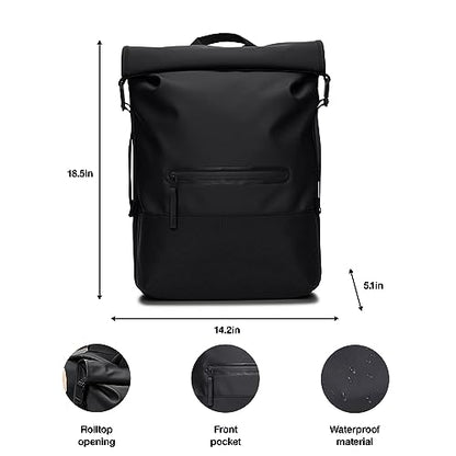 RAINS Trail Rolltop Waterproof Backpack – Black Rolltop Urban Daypack Water Resistant Water Repellent Minimalist Design for Men & Women – 2 Year Warranty - color: Black