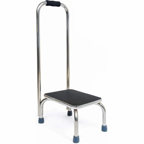 BodyMed Heavy-Duty Foot Step Stool with Handle and Non-Slip Rubber Platform for Seniors & Adults – Holds up to 300lbs, 9 ½ in. Step Up, 18”L x 11.5”W x 34”H - color: Chrome With Handle