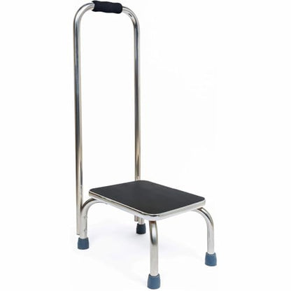BodyMed Heavy-Duty Foot Step Stool with Handle and Non-Slip Rubber Platform for Seniors & Adults – Holds up to 300lbs, 9 ½ in. Step Up, 18”L x 11.5”W x 34”H - color: Chrome With Handle