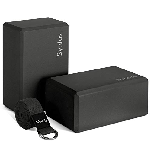 Syntus Yoga Block and Yoga Strap Set, Soft Non-Slip Yoga Blocks 9×6×4 inches, 8FT Metal D-Ring Strap for Yoga, General Fitness, Pilates, Stretching and Toning - color: Black