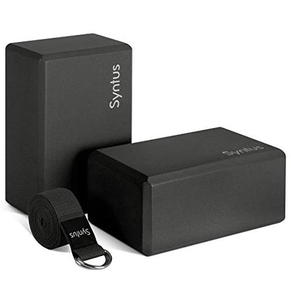 Syntus Yoga Block and Yoga Strap Set, Soft Non-Slip Yoga Blocks 9×6×4 inches, 8FT Metal D-Ring Strap for Yoga, General Fitness, Pilates, Stretching and Toning - color: Black