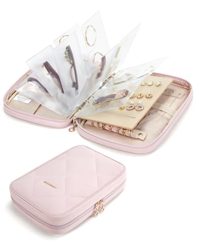 BAGSMART Jewelry Travel Case, Ring Binder Storage Book with Clear Pockets, Zippered Organizer for Necklace, Earrings, Rings, Bracelet, Pink