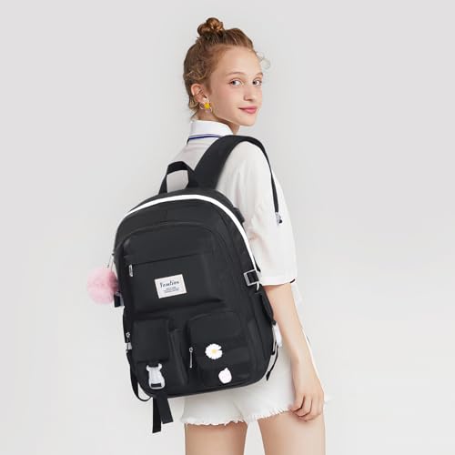 YAMTION School Backpack for Teen Girls,15.6in Laptop Backpack Kids Bookbag for Middle School College Students,Cute School Bag for Women,Black - color: Black