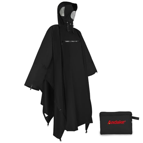 Andake Waterproof Rain Poncho for Adults Unisex,230T Ripstop Polyester,Raincoat Gear with Transparent Viewing Window Outdoors - color: Black