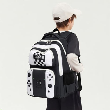 JIANYA School Backpack for Boys and Girls Elementary Children's School Bag Kids Backpack with Lunch Box - color: Gamer/ White