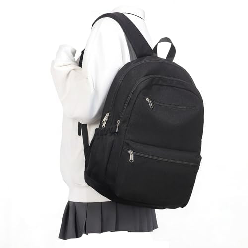 Lightweight School Backpack for Women Men, Multi Pocket Backpack for College Students, Waterproof Middle School Bags, Simple Bookbag for Teens Girls Boys, Black - color: Black