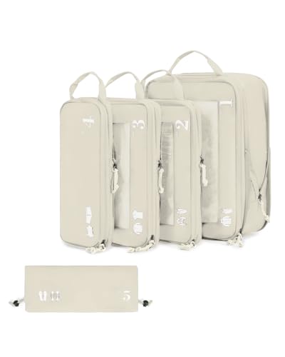 ECOHUB 5 Set Compression Packing Cubes for Suitcases Organiser Bags Set Travel Essentials with Shoe Bag for Traveling Tear-resistant Travel Accessories with ID Tag Expandable Packing Bags(Beige) - color: All Beige-Compress, size: 5 Set Compression Packing
