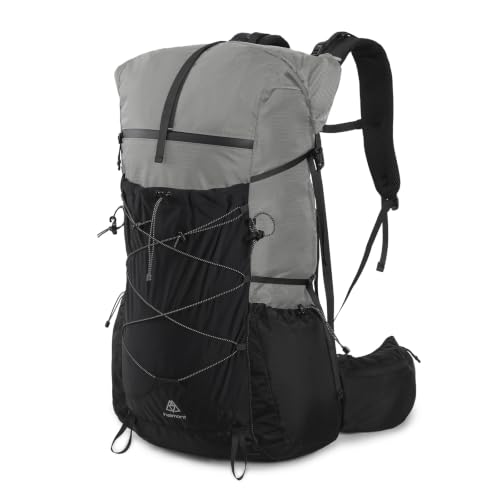Haimont 40L+15L Roll-Top Backpacking Pack with Rain Cover, Grey | Expandable 55L, Hip Belt Support, Sleeping Pad Carry, Pole Attachments, YKK & Duraflex - color: Grey