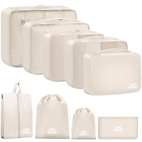 9 Set Packing Cubes for Travel Essentials - Lightweight Carry-On Luggage Organizer Bags with Shoe, Clothes & Laundry Bags for Airplane, Family & Business Travel, Beige - color: Beige