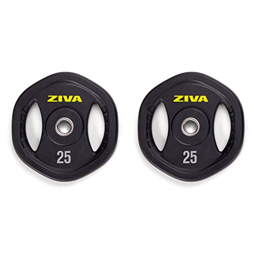 ZIVA 35lb Studio Barbell Weight Set – Adjustable Home Gym Kit with Standard Rubber Urethane Plates, 5' Chrome Bar (1.18" diam) & Collars | Extra Plates Not Included - size: Pair - 25lb Discs