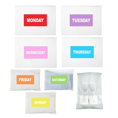 Colarr 8 Pcs Travel Storage Bags for Travel Days of Week with Shoe Drawstring Storage Frosted Zipper Bags Labels Clothing Waterproof Plastic Packing Organizer for Summer Camp Essentials 13.7 x 9.8 " - color: Horizontal, size: 13.7 x 9.8 Inch