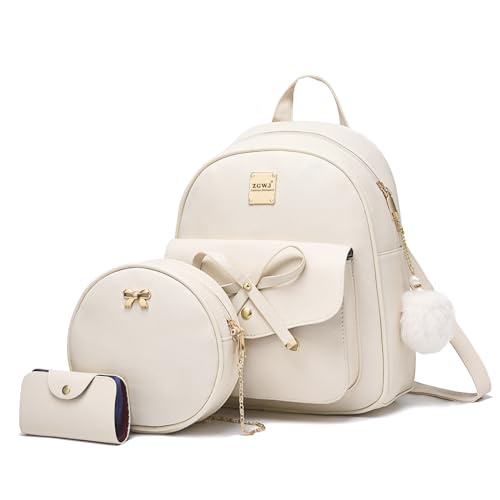 ZGWJ Mini Backpack Purse for Women - 3-Piece Set, Small PU Leather Bowknot Fashion Backpacks, Cute Casual Travel Daypacks - color: Beige-3pcs