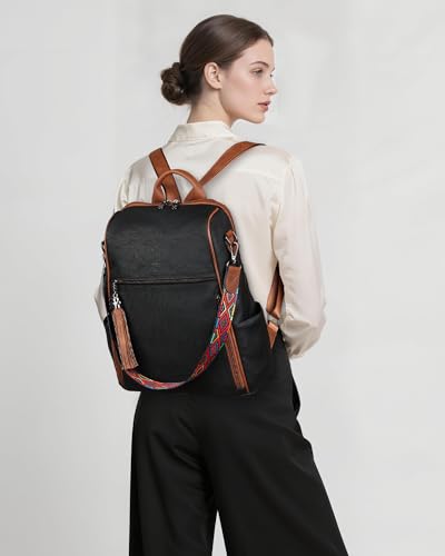 FADEON Leather Backpack Purse for Women Designer Travel Backpack Purses PU Fashion Ladies Shoulder Bag with Tassel - color: 2 Retro Black With Brown