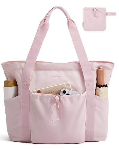 BAGSMART Foldable Tote Bag with Drawstring Bag, Tote Bag Shoulder Bag Top Handle Handbag for Travel, Work, Beach, Gym - color: Foldable-pink, size: One Size