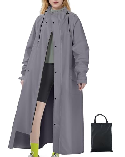 Rain Jacket Women with Hooded Waterproof Lightweight Packable Long Raincoat Poncho for Men Adults - color: Grey, size: Medium