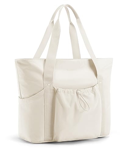 BAGSMART Foldable Tote Bag with Drawstring Bag, Tote Bag Shoulder Bag Top Handle Handbag for Travel, Work, Beach, Gym - color: Beige 2-unfoldable, size: One Size