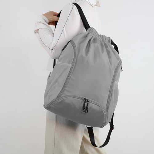 Valleycomfy Sports Gym Bag Drawstring Backpack with Shoes Basketball Bag and Two Water Bottle Holder,Grey - color: Grey