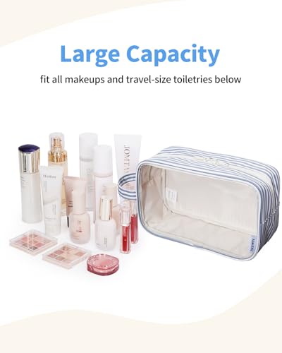 Narwey Clear Toiletry Bags for Traveling Women Men, Clear Travel Bags for Toiletries Makeup Bag Cosmetic Bag with Zipper, Make Up Organizer, Skincare Bag (Greyish Blue Stripe) - color: YB-Greyish Blue Stripe