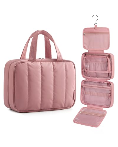 BAGSMART Travel Toiletry Bag for women, Portable Hanging Hook Makeup Bag Organizer, Waterproof Makeup Cosmetic Bag, for Full-Size Accessories, Toiletries, Dusty Rose - color: Dusty Rose