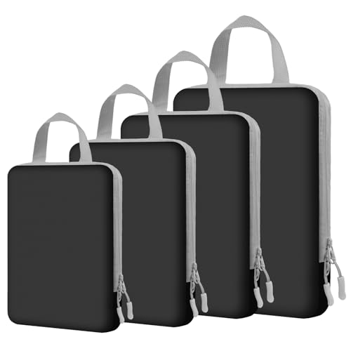 4 Set Expandable Compression Packing Cubes for 3–7 Day Travel, Solid & Plaid Fabric Travel Organizers, Double-Zipper Storage Bags for Carry-On & Suitcases(4set-Black) - color: Black, size: 4 set