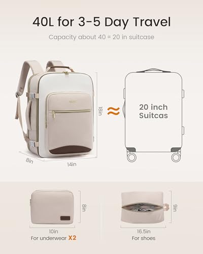 LOVEVOOK 40L Travel Backpack for Women & Men, Airline Approved Carry On Luggage with 3 Packing Cubes, TSA Overnight Bags, Waterproof Personal Item Bag, Weekender Essentials Backpacks fits 17" Laptop - color: Light Khaki-beige-coffee, size: Large