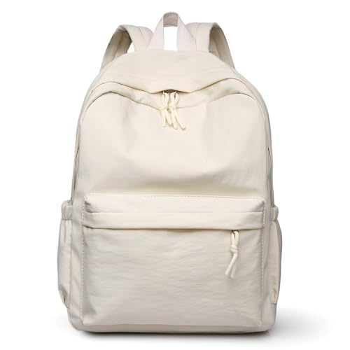 Unisex Backpack Minimalist Solid Color Durable Nylon Fabric Large Capacity Casual Travel Backpack (Beige) - color: Beige