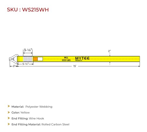 Mytee Products 10 Pack 2" x 15' Winch Straps w/Wire Hook - 3333lbs WLL - Yellow Heavy Duty 2 Inch Cargo Control Tie Down Straps for Flatbed Truck Utility Trailer - color: 10 - Pack, size: 2" x 15'