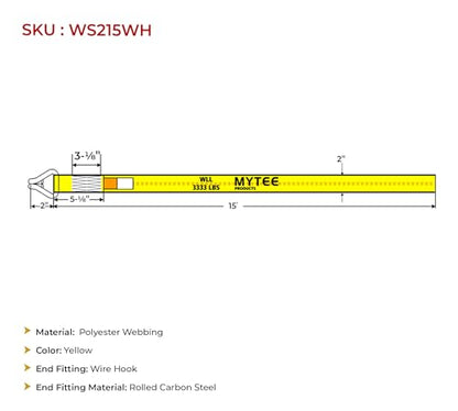 Mytee Products 4 Pack 2" x 15' Winch Straps w/Wire Hook - 3333lbs WLL - Yellow Heavy Duty 2 Inch Cargo Control Tie Down Straps for Flatbed Truck Utility Trailer - color: 4 - Pack, size: 2" x 15'