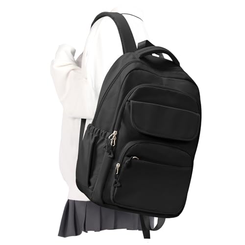 Cute Black School Backpack for Teens Girls Boys Waterproof School Bag Basic Backpack for College Students Multi Pocket Backpack Lightweight Casual Daypack Backpacks for Women Men - color: Black