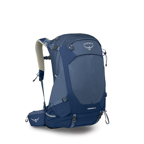 Osprey Stratos 34L Men's Hiking Backpack - Camping Bag with Waterproof Raincover, Bottle Pockets, & Gear Straps, Nirvana Blue - color: Nirvana Blue, style: 34l