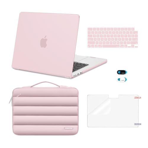 MOSISO Compatible with MacBook Air 15 inch Case M5 2026 M4 2025 M3 2024 M2 2023 A3448 A3241 A3114 A2941, Plastic Hard Shell Case&Puffy Sleeve Bag&Keyboard Skin&Webcam Cover&Screen Film, Baby Pink - color: Baby Pink