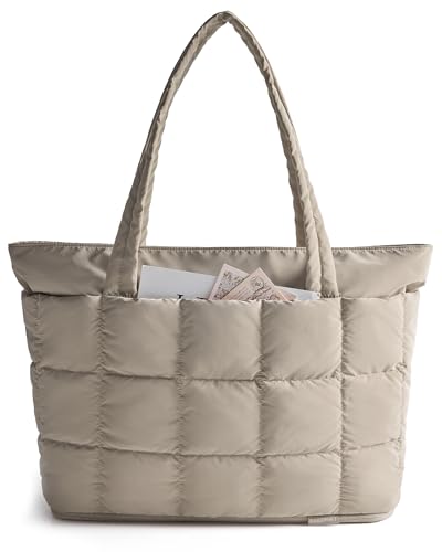 BAGSMART Expandable Tote Bag for Women, Puffer Work Tote Handbag, Quilted Carry On Bag for Travel Gym - color: Camel, size: Large