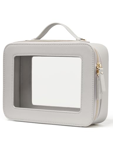 Popvibe Clear Makeup Bag Toiletry Case Travel Transparent Cosmetic Bag with Zipper, Portable Make Up Organizer Traveling Compact Car Bag for Essentials, Beige Grey - color: Beige Grey, style: Large Luxe
