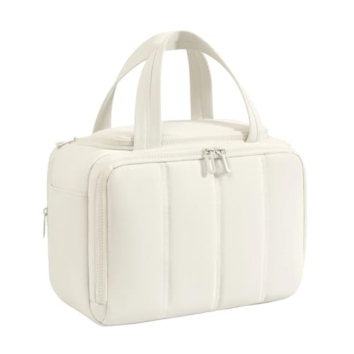 Travel Makeup Bag,Puffy Toiletry Bag for Women,Cosmetic Travel Bag Lightweight,Toiletries Organizer with Trolley Sleeve,White - color: White