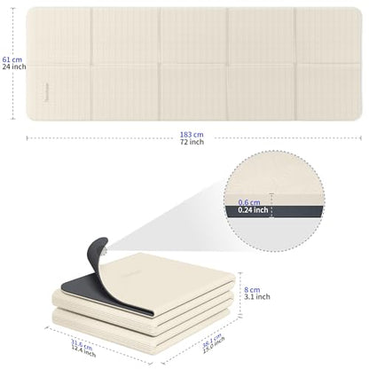 Readaeer Foldable Yoga Mat for Travel Folding Yoga Mat 6mm Thick with Carrying Bag, Non-Slip TPE Exercise Pilates Mat for 72" L x 24" W x 0.24 Inch - color: Beige