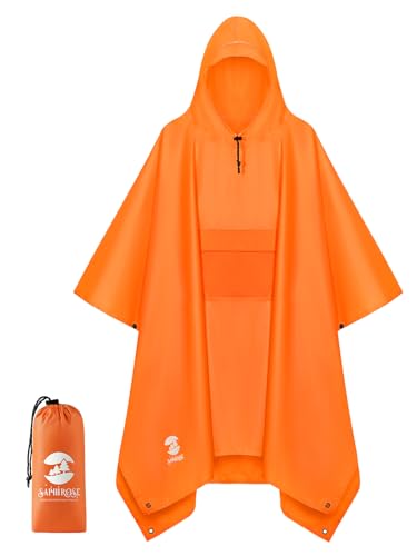 SaphiRose Extra Thick Hooded Rain Poncho Double Layer Waterproof Raincoat Jacket for Men Women Adults - color: Orange