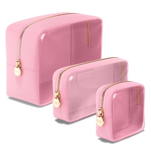 Embla 3 Piece Clear Makeup Bag Set for Toiletries Large Medium Small Skincare Organizer Zipper Pouches Travel Toiletry Bathroom Bags Women Girls Cute Make Up Cosmetic Nylon Pouch Light Pink - color: Flamingo, size: Multipack