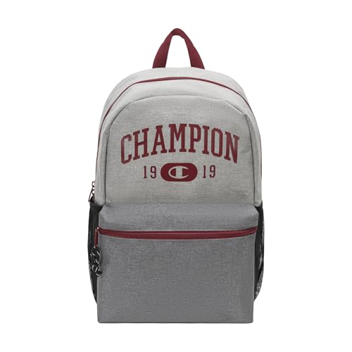 Champion Kids' Merit Backpack with Padded Straps, Water Bottle Pocket and Laptop Compartment for Daily Use, Oxford Heather/Tibetan Red, One Size - color: Oxford Heather/Tibetan Red