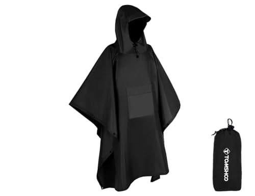 TOMSHOO Multifunctional Raincoat with Hood Hiking Cycling Rain Cover Lightweight Poncho Rain Coat Outdoor Camping Tent Mat - color: Black