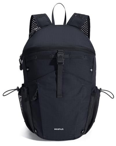ECOHUB 15L Ultra-Lightweight Packable Backpack, Casual Daypack for Daily Use, Small Hiking & Travel, Foldable Backpack, Water-Resistant Nylon, Reflective Design - color: Black
