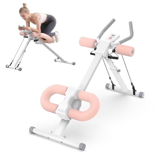 WARMOUNTS Ab Machine, Ab Workout Equipment, Adjustable Core & Ab Trainer Machine with Resistance Bands for Home Gym, Foldable, Knee Protection, Abdominal Exercise Equipment for Stomach Workout (Pink)