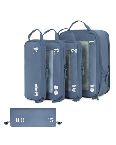 ECOHUB 5 Set Compression Packing Cubes for Suitcases Organiser Bags Set Travel Essentials with Shoe Bag for Traveling Tear-resistant Travel Accessories with ID Tag Expandable Packing Bags(All Blue) - color: Blue-Compress, size: 5 Set Compression Packing C