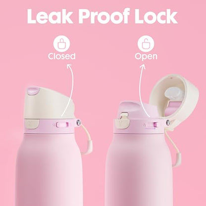 Meoky 24 oz Stainless Steel Slim Water Bottle: Leak Proof Locking Lid, 2-in-1 Straw and Spout, 24 Hours Cold, Top Handle, Fits in Car Cup Holder, Insulated Water Bottle for Backpack, Blush - color: Blush