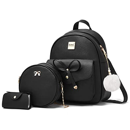 ZGWJ Mini Backpack Purse for Women - 3-Piece Set, Small PU Leather Bowknot Fashion Backpacks, Cute Casual Travel Daypacks - color: Black-3pcs